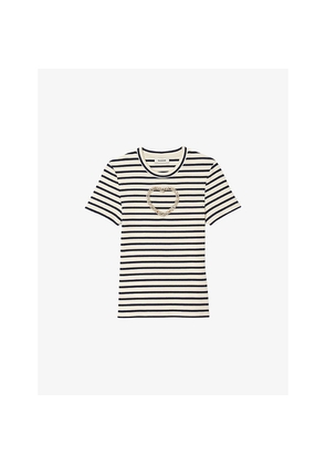 Womens Sandro Striped Embellished-Heart Stretch-Cotton T-Shirt