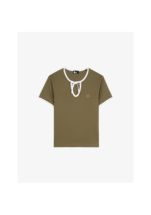 Womens The Kooples Logo-Embroidered Tie-Neck Cotton T-Shirt