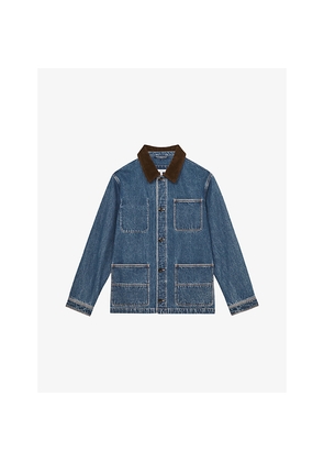 Mens Reiss Marks Cord-Collar Patch-Pocket Denim Jacket