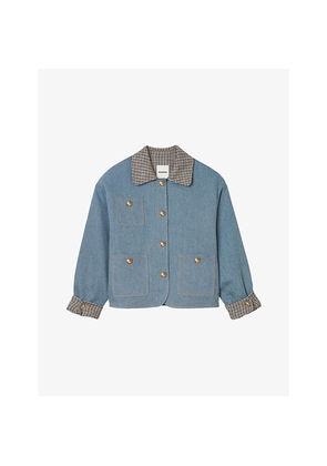 Womens Sandro Checked-Collar Patch-Pocket Denim Jacket
