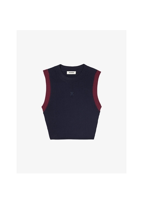 Womens Sandro Contrast-Trim Cropped Stretch-Knit Top