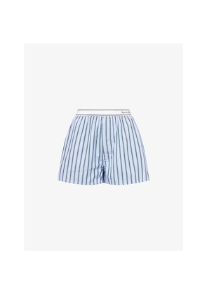 Womens Sporty & Rich Serif Logo Striped Cotton-Poplin Boxer Shorts