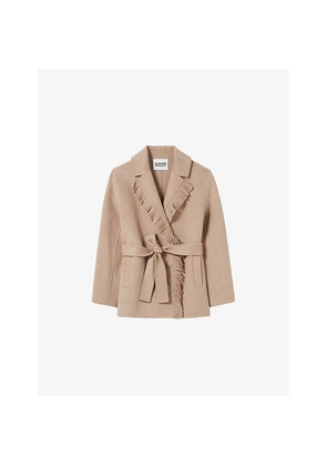 Womens Claudie Pierlot Double-Breasted Fringed Wool-Blend Coat