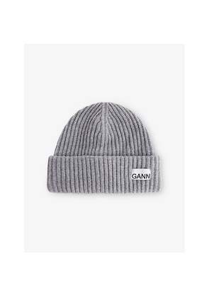 Womens Ganni Logo-Patch Wool-Blend Beanie Hat