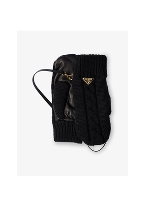 Womens Prada Logo-Embellished Wool and Leather Mittens