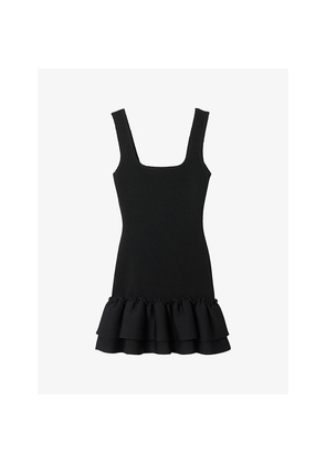 Womens Sandro Ruffled-Hem Square-Neck Stretch-Knit Mini Dress