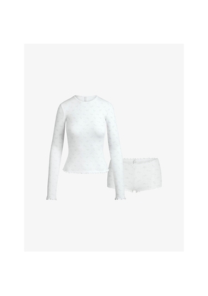 Womens Skims Pointelle-Knit Floral-Print Stretch-Cotton Top and Shorts Set