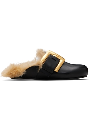 Balmain Black Flat Leather & Faux Fur Mule Loafers