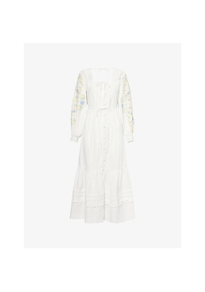 Womens Damson Madder Junia Embroidered-Sleeves Cotton-Poplin Midi Dress