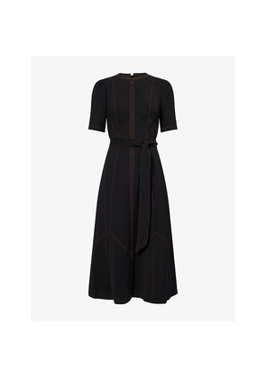 Womens Me And Em Contrast Topstitching Belted Woven Midi Dress