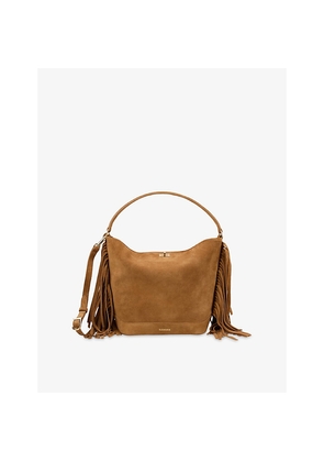 Womens Sandro Logo-Embossed Fringed Suede Bucket Bag