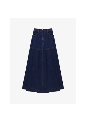 Womens Ro&Zo Flared Contrast-Stitch Denim Maxi Skirt