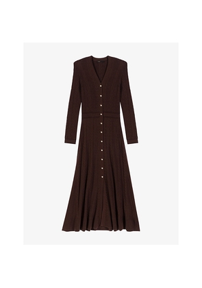 Womens Maje Buttoned V-Neck Long-Sleeve Stretch-Knit Midi Dress