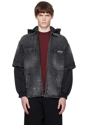 We11done Black Faded Layered Hoodie Denim Jacket
