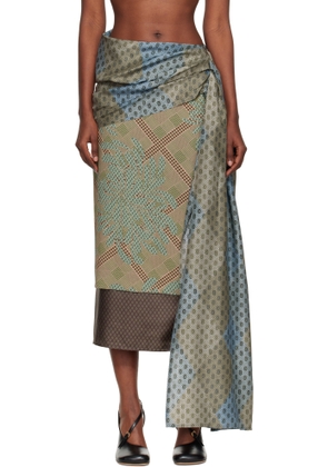 Dries Van Noten Green Layered Tie Motif Midi Skirt