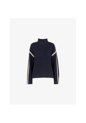 Womens Whistles Blanket-Stitch Wool-Blend Jumper