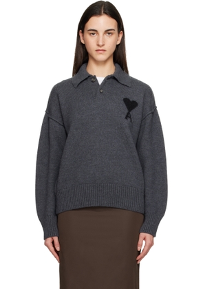 AMI Paris Gray Wool 'Ami de Coeur' Polo