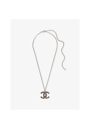 Womens Reselfridges Pre-Loved Chanel Silver Checkered CC Pendant Necklace