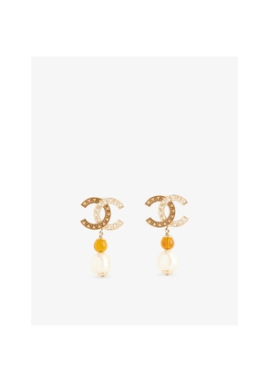 Womens Reselfridges Pre-Loved Chanel Gold-Plated CC Rhinestones Pearl Drop Earrings