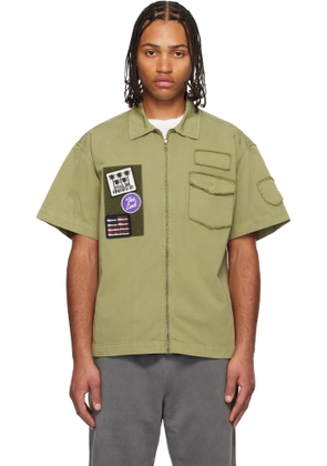 Palm Angels Khaki Military Patch Zipped Shirt