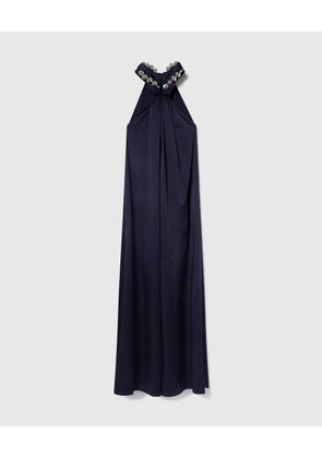 Stella McCartney - Ball-Chain Halterneck Satin Maxi Dress, Woman, Ink, Size: 34