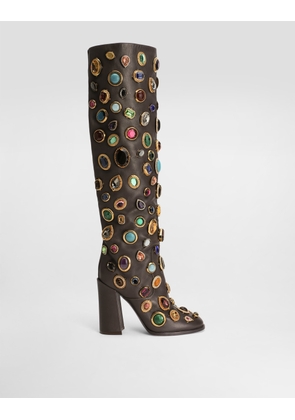Dolce & Gabbana Calfskin Boots With Stone Embroidery - Woman Boots And Booties Multicolor 38