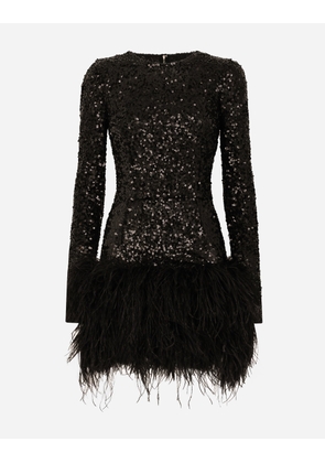 Dolce & Gabbana Short Sequined Dress With Feather Trim - Woman Dresses Black 38