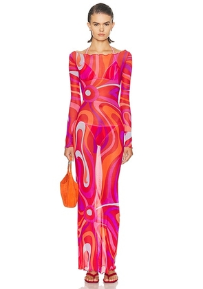 Emilio Pucci Long Sleeve Maxi Dress in Corallo & Fuxia - Pink. Size 38 (also in 40, 42, 44).