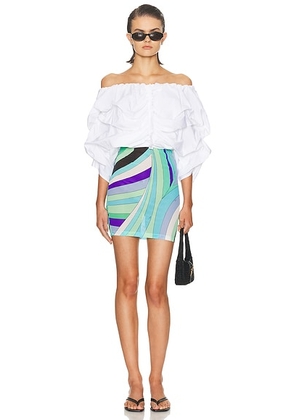 Emilio Pucci Off The Shoulder Mini Dress in Bianco - White,Blue. Size 40 (also in 44).