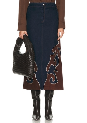 Johanna Ortiz Time On My Side Midi Skirt in Denim & Chocolate - Blue. Size 4 (also in 6, 8).