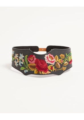 Valentino Garavani Leather belt with floral motif embroidery 95 mm Woman MULTICOLOUR 080