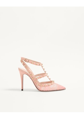 Valentino Garavani Rockstud Lace Pump With Straps 100Mm Woman PEACH ROSE 34