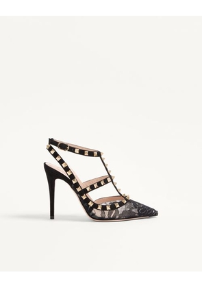 Valentino Garavani Rockstud Lace Pump With Straps 100Mm Woman BLACK 34