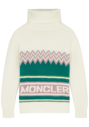 Moncler Women's Large Multicoloured Logo-intarsia 100% Wool Jumper - Roll-neck - L (UK14 / L)