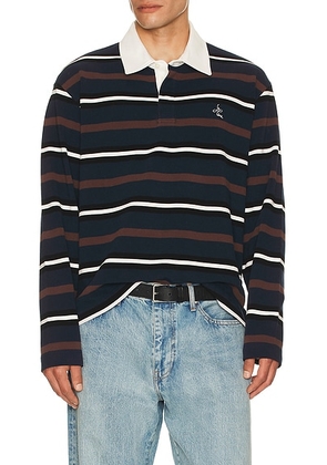 Le Père Le Pere Long Sleeve Rugger in Soulier Stripe - Blue. Size M (also in S, XL/1X).