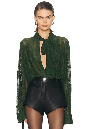 Norma Kamali Super Oversized Boyfriend Bow Bodysuit in Dark Emerald - Green. Size L (also in M, S).