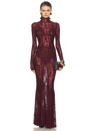 Norma Kamali Long Sleeve Turtleneck Fishtail Gown in Plum - Burgundy. Size L (also in M, S, XS).