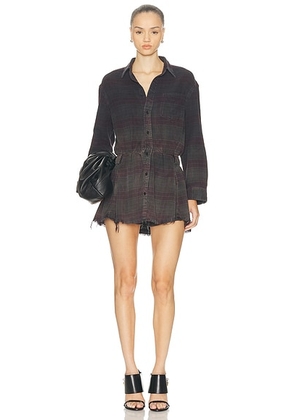 R13 Oversized Shirt Dress Romper in Overdyed Black Plaid - Black. Size S (also in M, XS).
