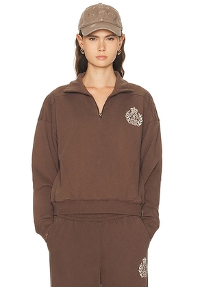 Sporty & Rich NY Crest Embroidered Quarter Zip Sweatshirt in Chocolate - Chocolate. Size M (also in S, XS).