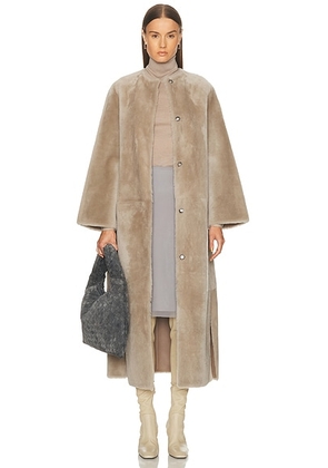 Yves Salomon Extra Long Draped Shearling Reversible Coat in Moon - Taupe. Size 38 (also in 40).
