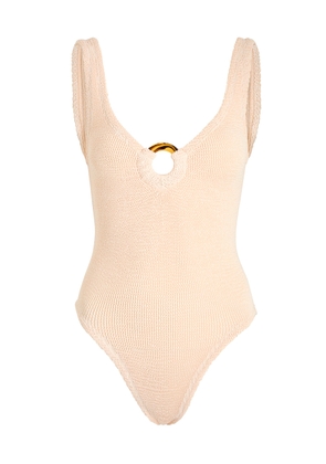 Hunza G - Celine Cut-out Seersucker Swimsuit, Nude, One Size, V-neck, Cut-out Ring Detail, Machine Wash, Hunza G Swimsuits