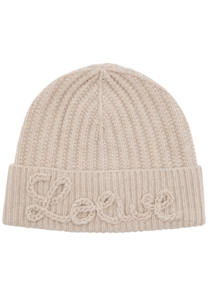 Loewe Logo-appliqué Ribbed Wool Beanie - Beige - One Size