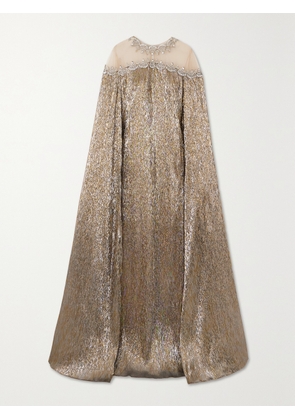 Oscar de la Renta - Cape-effect Crystal-embellished Tulle-trimmed Silk-blend Lamé Gown - Gold - x small,small,medium,large,x large