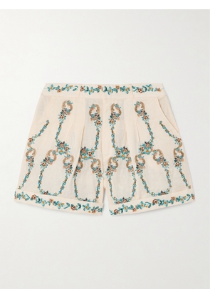 Agua by Agua Bendita - Romy Florero Pleated Embroidered Linen Shorts - White - x small,small,medium,large
