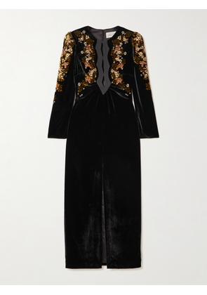 Saloni - Jinx C Silk-trimmed Floral-print Velvet Midi Dress - Black - UK 4,UK 6,UK 8,UK 10,UK 12,UK 14,UK 16