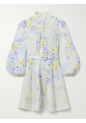 Zimmermann - Crush Belted Embellished Floral-print Linen Mini Dress - Blue - 00,1,2,3,4