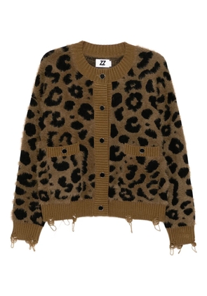 izzue distressed leopard-intarsia cardigan - Brown