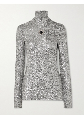 RABANNE - Eyelet-embellished Sequined Tulle Turtleneck Top - Silver - FR 34,FR 36,FR 38,FR 40