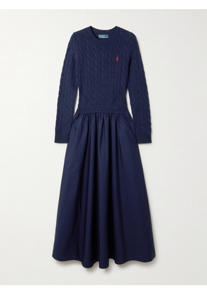 Polo Ralph Lauren - Embroidered Cable-knit Wool-blend And Cotton-poplin Maxi Dress - Blue - x small,small,medium,large,x large