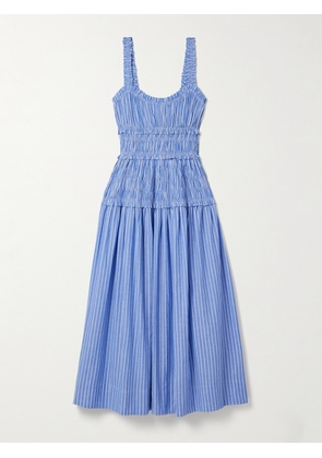 DÔEN - Marianne Shirred Striped Cotton-poplin Midi Dress - Blue - xx small,x small,small,medium,large,x large,xx large